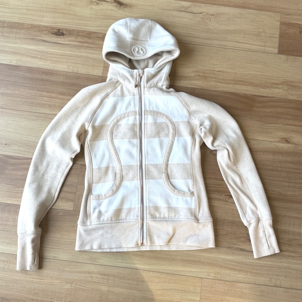 Lululemon Scuba Hoodie Full Zip Beige White Striped Size 10 Thumbholes
